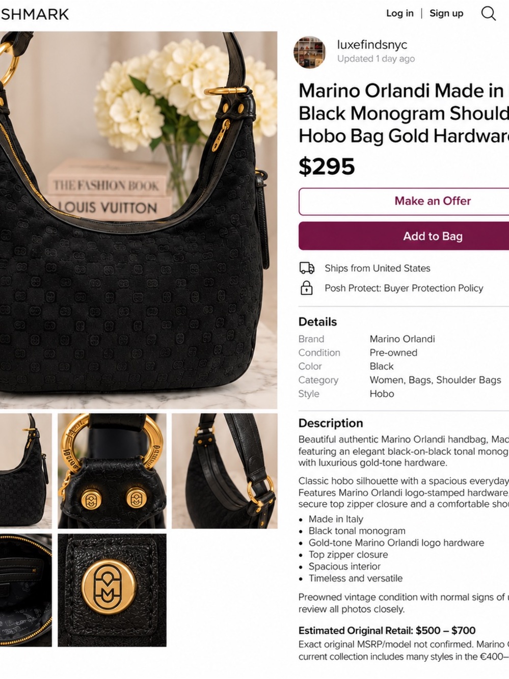 Marino Orlandi Black Monogram Hobo with Gold Hardware Accents